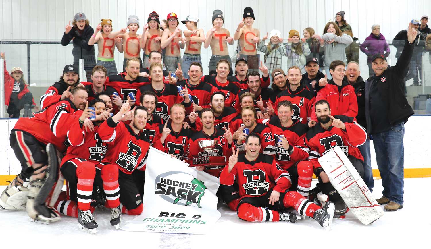 The Redvers Rockets celebrating with fans after winning the Big 6 championship in 2023 in the Redvers Rec Centre.